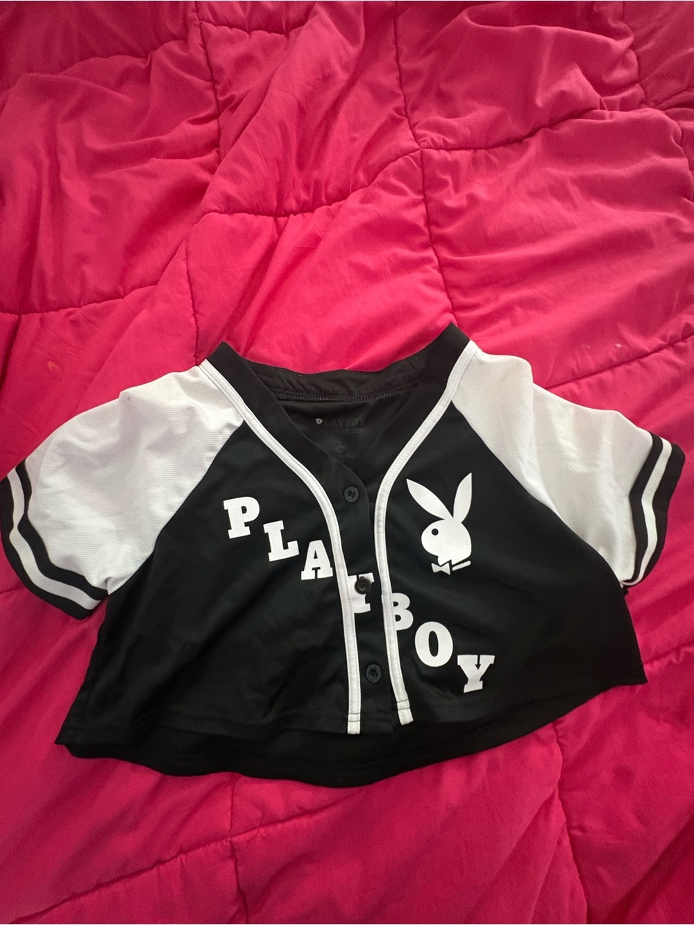 PLAYBOY Black and White Cropped Baseball Jersey